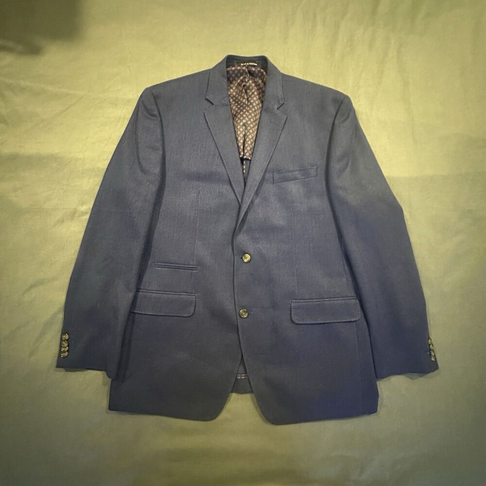 Alan Flusser Silk Wool Blazer Mens 44L Two Button Sports Coat Blue Lined